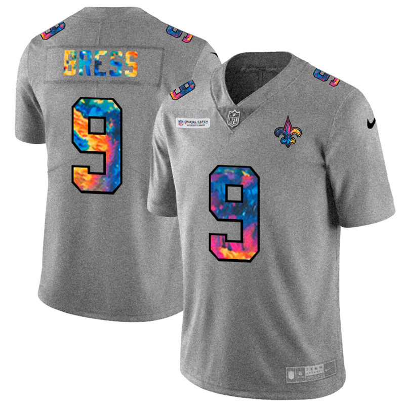 NFL New Orleans Saints #9 Drew Brees Men Nike MultiColor 2020  Crucial Catch  Jersey Grey